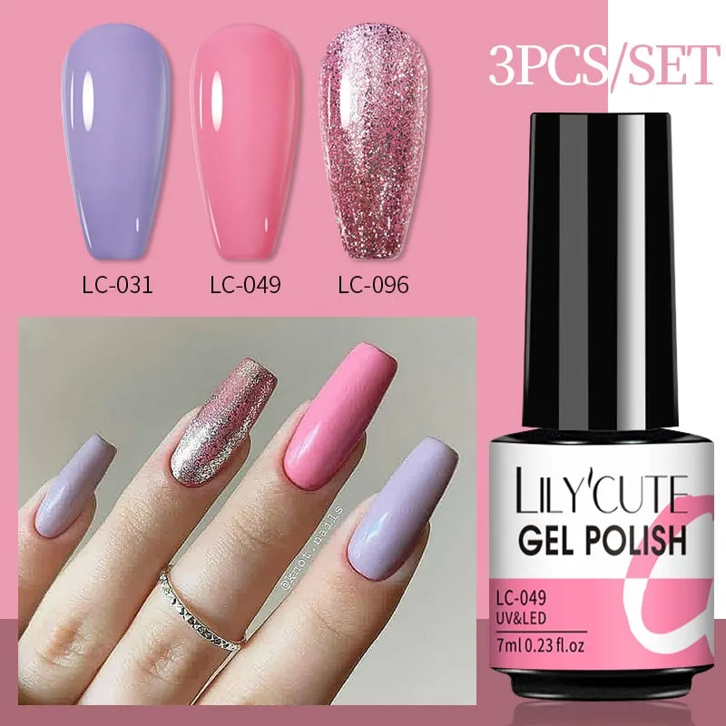 LILYCUTE 3PCs Rose Gold Gel Nail Polish Manicure Set Glitter Nail Gel Semi Permanent Base Top Coat UV Gel Nail Art Design Hybrid