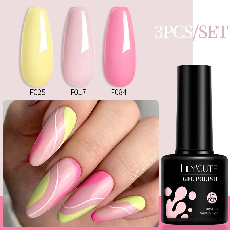 LILYCUTE 3PCs Rose Gold Gel Nail Polish Manicure Set Glitter Nail Gel Semi Permanent Base Top Coat UV Gel Nail Art Design Hybrid