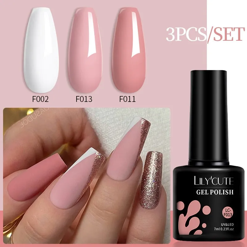 LILYCUTE 3PCs Rose Gold Gel Nail Polish Manicure Set Glitter Nail Gel Semi Permanent Base Top Coat UV Gel Nail Art Design Hybrid