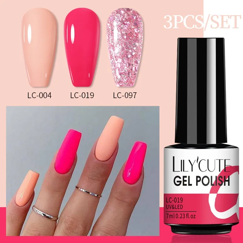 LILYCUTE 3PCs Rose Gold Gel Nail Polish Manicure Set Glitter Nail Gel Semi Permanent Base Top Coat UV Gel Nail Art Design Hybrid