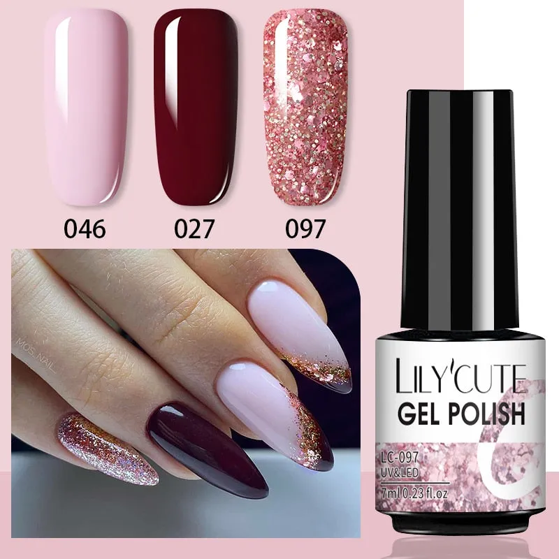 LILYCUTE 3PCs Rose Gold Gel Nail Polish Manicure Set Glitter Nail Gel Semi Permanent Base Top Coat UV Gel Nail Art Design Hybrid