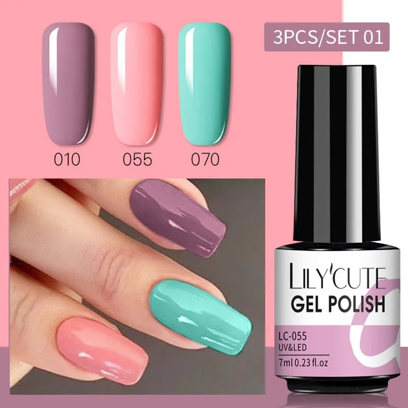 LILYCUTE 3PCs Rose Gold Gel Nail Polish Manicure Set Glitter Nail Gel Semi Permanent Base Top Coat UV Gel Nail Art Design Hybrid