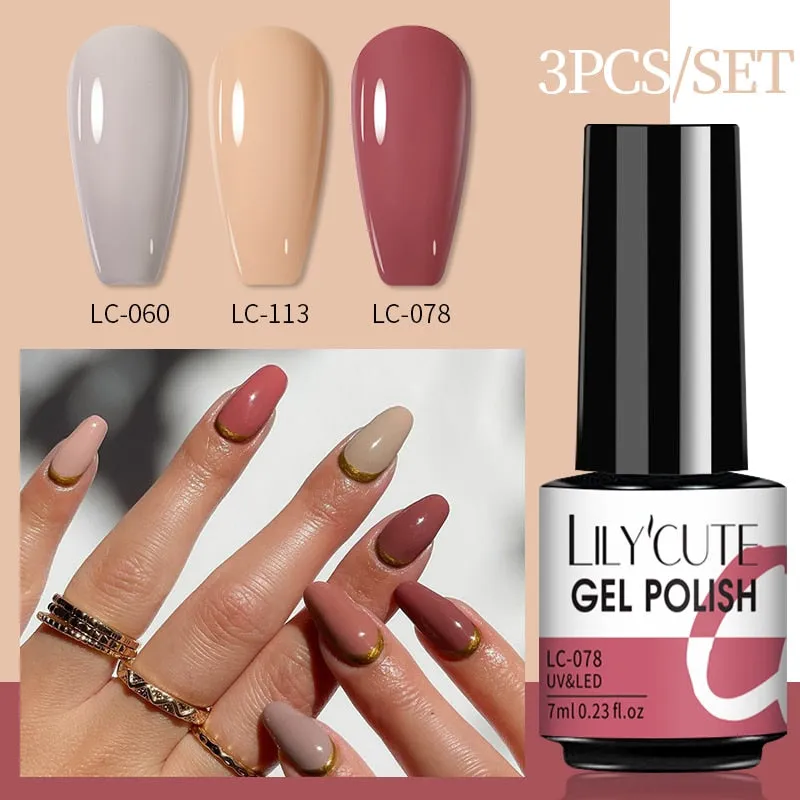 LILYCUTE 3PCs Rose Gold Gel Nail Polish Manicure Set Glitter Nail Gel Semi Permanent Base Top Coat UV Gel Nail Art Design Hybrid