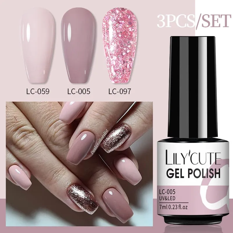 LILYCUTE 3PCs Rose Gold Gel Nail Polish Manicure Set Glitter Nail Gel Semi Permanent Base Top Coat UV Gel Nail Art Design Hybrid