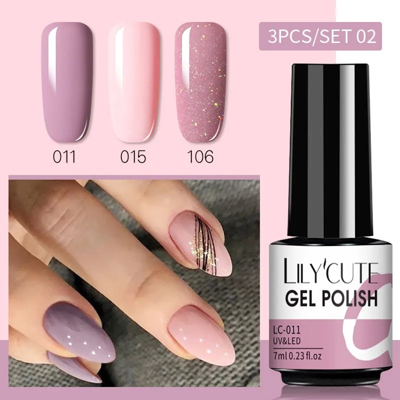 LILYCUTE 3PCs Rose Gold Gel Nail Polish Manicure Set Glitter Nail Gel Semi Permanent Base Top Coat UV Gel Nail Art Design Hybrid