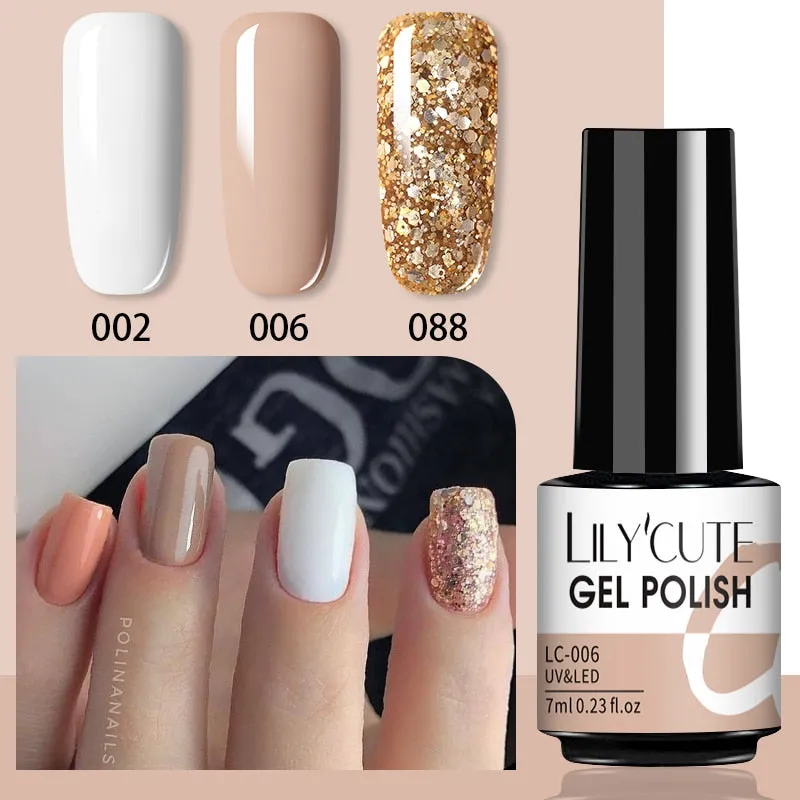LILYCUTE 3PCs Rose Gold Gel Nail Polish Manicure Set Glitter Nail Gel Semi Permanent Base Top Coat UV Gel Nail Art Design Hybrid