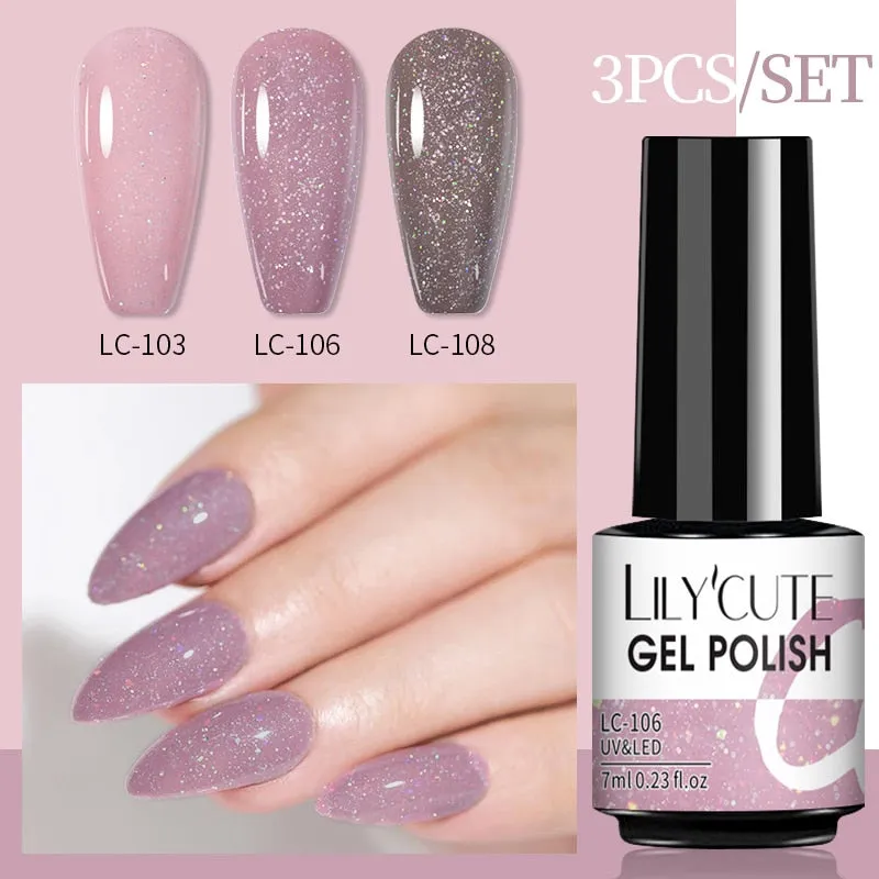 LILYCUTE 3PCs Rose Gold Gel Nail Polish Manicure Set Glitter Nail Gel Semi Permanent Base Top Coat UV Gel Nail Art Design Hybrid