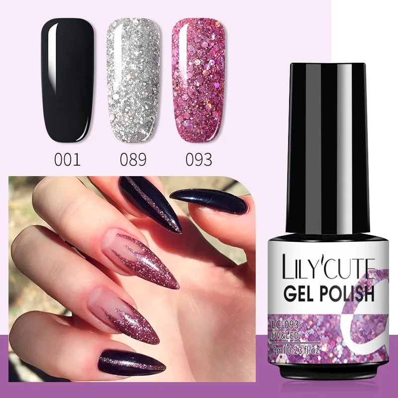 LILYCUTE 3PCs Rose Gold Gel Nail Polish Manicure Set Glitter Nail Gel Semi Permanent Base Top Coat UV Gel Nail Art Design Hybrid