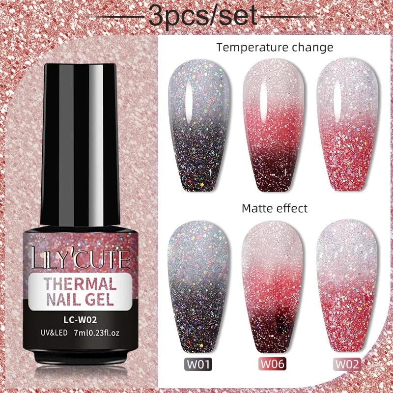 LILYCUTE 3PCs Rose Gold Gel Nail Polish Manicure Set Glitter Nail Gel Semi Permanent Base Top Coat UV Gel Nail Art Design Hybrid