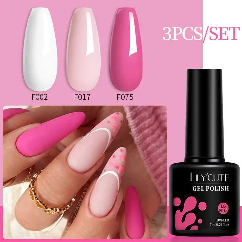 LILYCUTE 3PCs Rose Gold Gel Nail Polish Manicure Set Glitter Nail Gel Semi Permanent Base Top Coat UV Gel Nail Art Design Hybrid