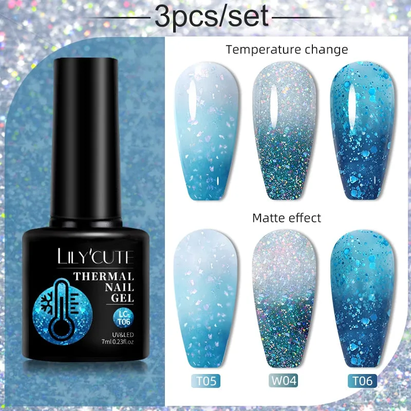 LILYCUTE 3PCs Rose Gold Gel Nail Polish Manicure Set Glitter Nail Gel Semi Permanent Base Top Coat UV Gel Nail Art Design Hybrid