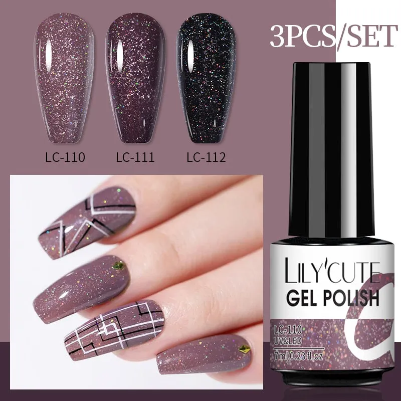 LILYCUTE 3PCs Rose Gold Gel Nail Polish Manicure Set Glitter Nail Gel Semi Permanent Base Top Coat UV Gel Nail Art Design Hybrid