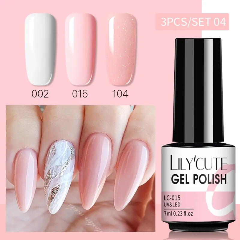 LILYCUTE 3PCs Rose Gold Gel Nail Polish Manicure Set Glitter Nail Gel Semi Permanent Base Top Coat UV Gel Nail Art Design Hybrid