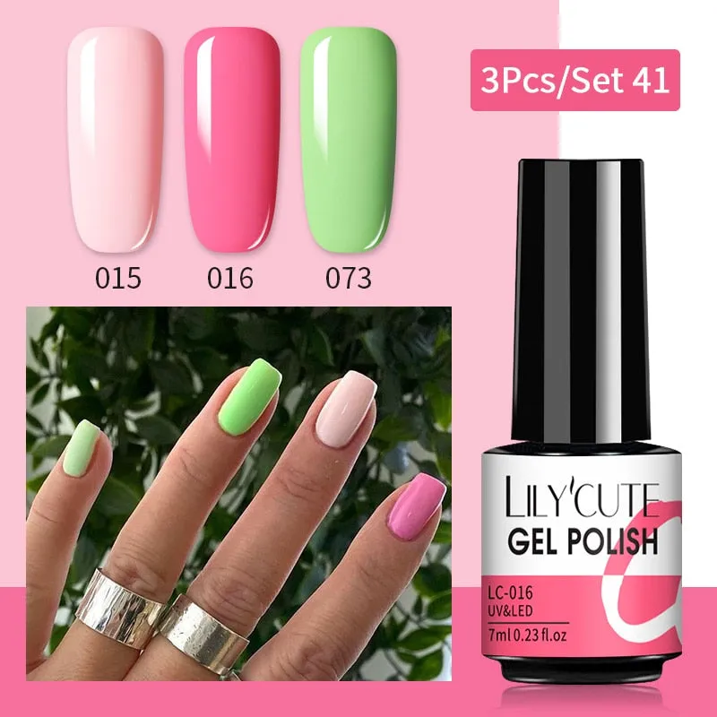 LILYCUTE 3PCs Rose Gold Gel Nail Polish Manicure Set Glitter Nail Gel Semi Permanent Base Top Coat UV Gel Nail Art Design Hybrid