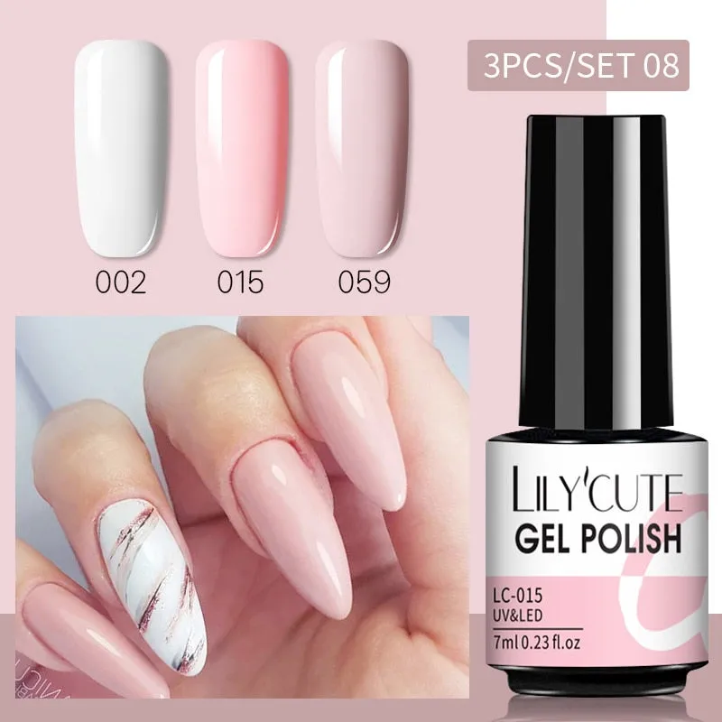 LILYCUTE 3PCs Rose Gold Gel Nail Polish Manicure Set Glitter Nail Gel Semi Permanent Base Top Coat UV Gel Nail Art Design Hybrid