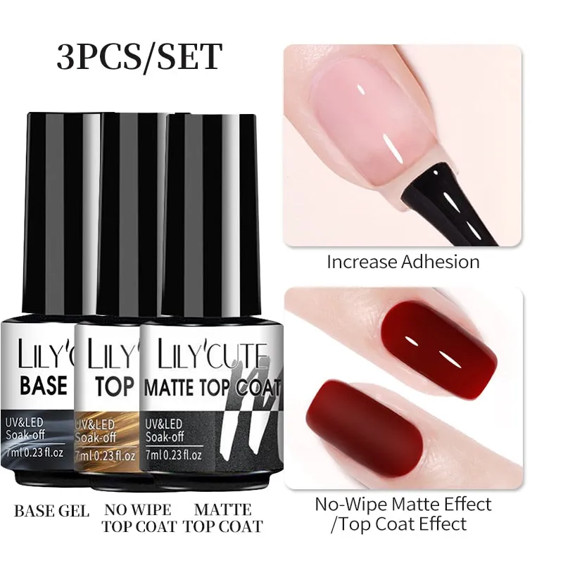 LILYCUTE 3PCs Rose Gold Gel Nail Polish Manicure Set Glitter Nail Gel Semi Permanent Base Top Coat UV Gel Nail Art Design Hybrid
