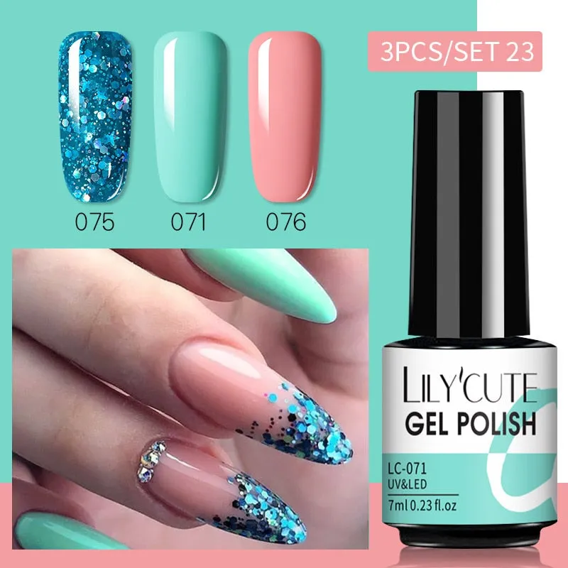 LILYCUTE 3PCs Rose Gold Gel Nail Polish Manicure Set Glitter Nail Gel Semi Permanent Base Top Coat UV Gel Nail Art Design Hybrid