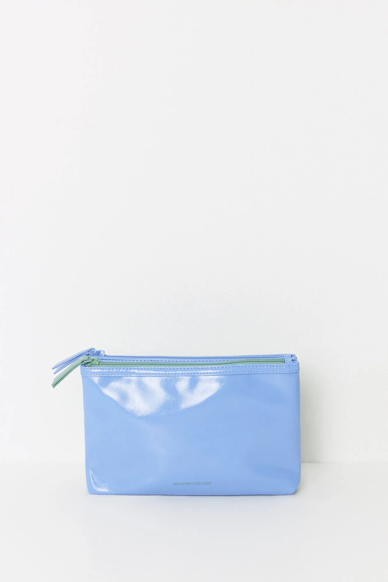 Medium blue and green patent leather toiletry bag
