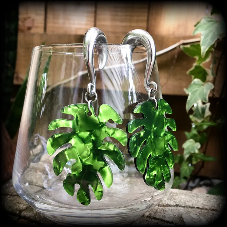 Monstera leaf gauged earrings-Leaf ear weights