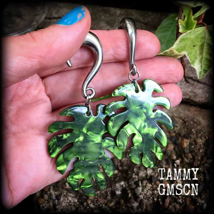 Monstera leaf gauged earrings-Leaf ear weights