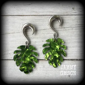 Monstera leaf gauged earrings-Leaf ear weights
