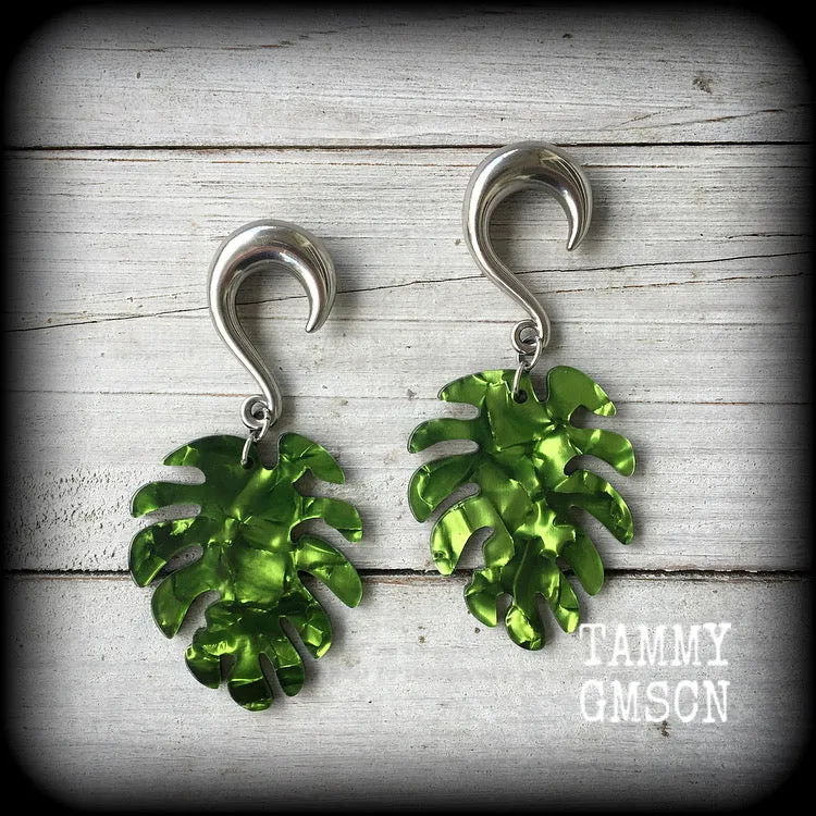 Monstera leaf gauged earrings-Leaf ear weights