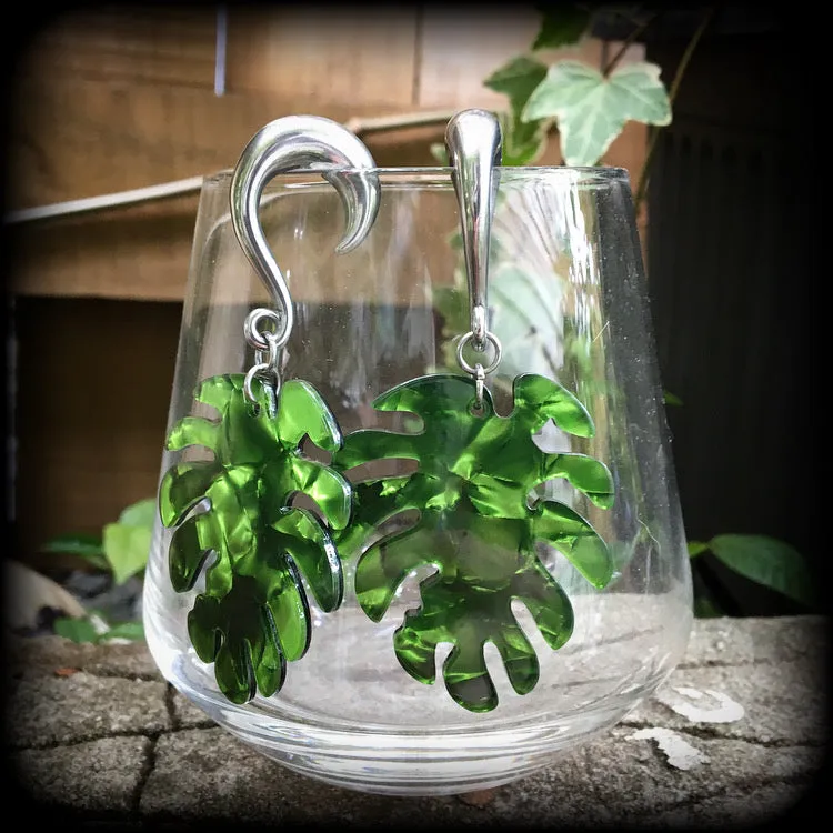 Monstera leaf gauged earrings-Leaf ear weights