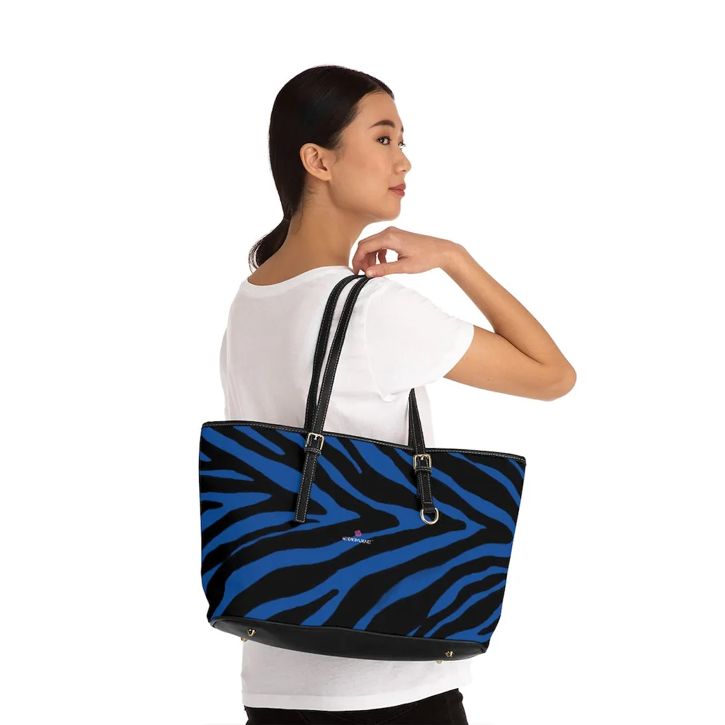 Navy Blue Zebra Tote Bag, Animal Print PU Leather Shoulder Hand Work Bag 17"x11"/ 16"x10" For Ladies