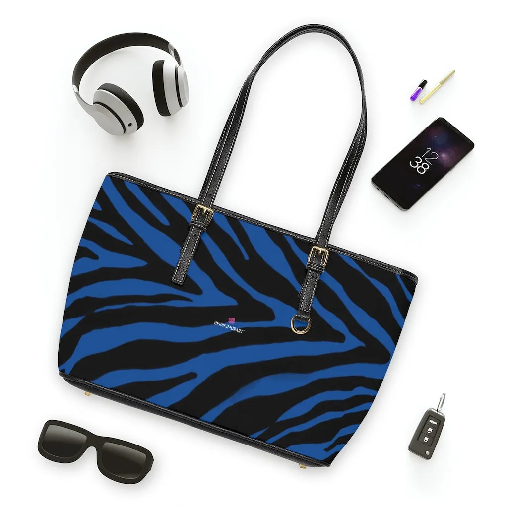 Navy Blue Zebra Tote Bag, Animal Print PU Leather Shoulder Hand Work Bag 17"x11"/ 16"x10" For Ladies