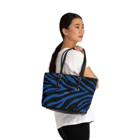 Navy Blue Zebra Tote Bag, Animal Print PU Leather Shoulder Hand Work Bag 17"x11"/ 16"x10" For Ladies