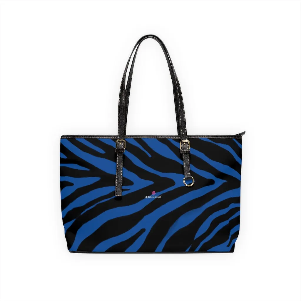 Navy Blue Zebra Tote Bag, Animal Print PU Leather Shoulder Hand Work Bag 17"x11"/ 16"x10" For Ladies