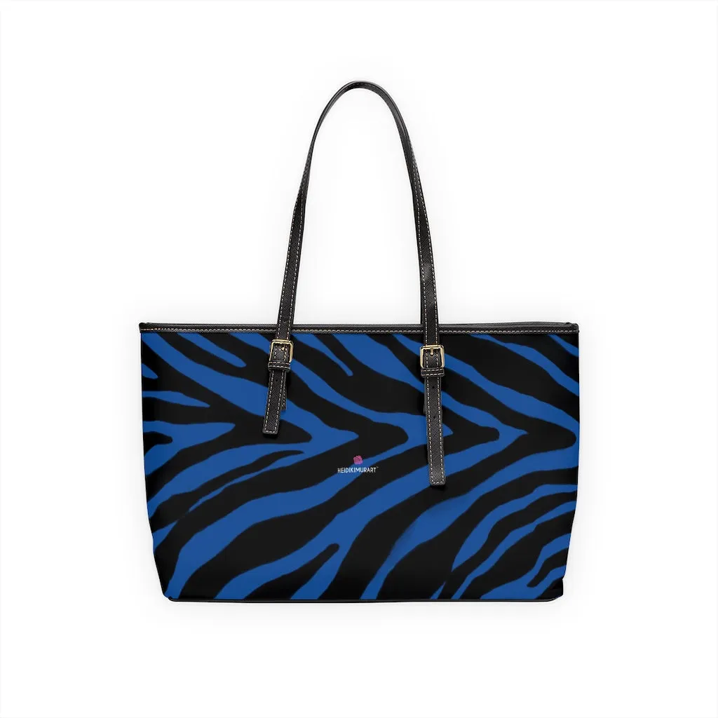 Navy Blue Zebra Tote Bag, Animal Print PU Leather Shoulder Hand Work Bag 17"x11"/ 16"x10" For Ladies