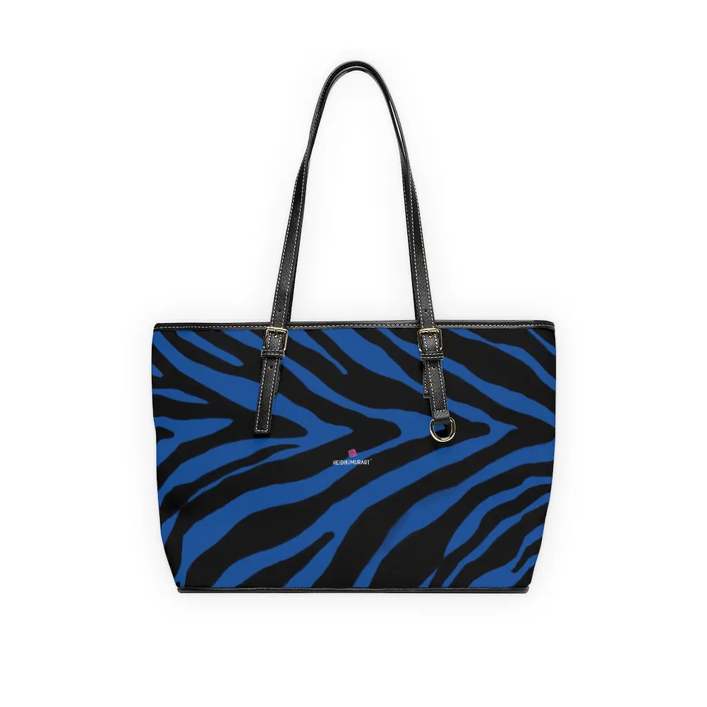 Navy Blue Zebra Tote Bag, Animal Print PU Leather Shoulder Hand Work Bag 17"x11"/ 16"x10" For Ladies