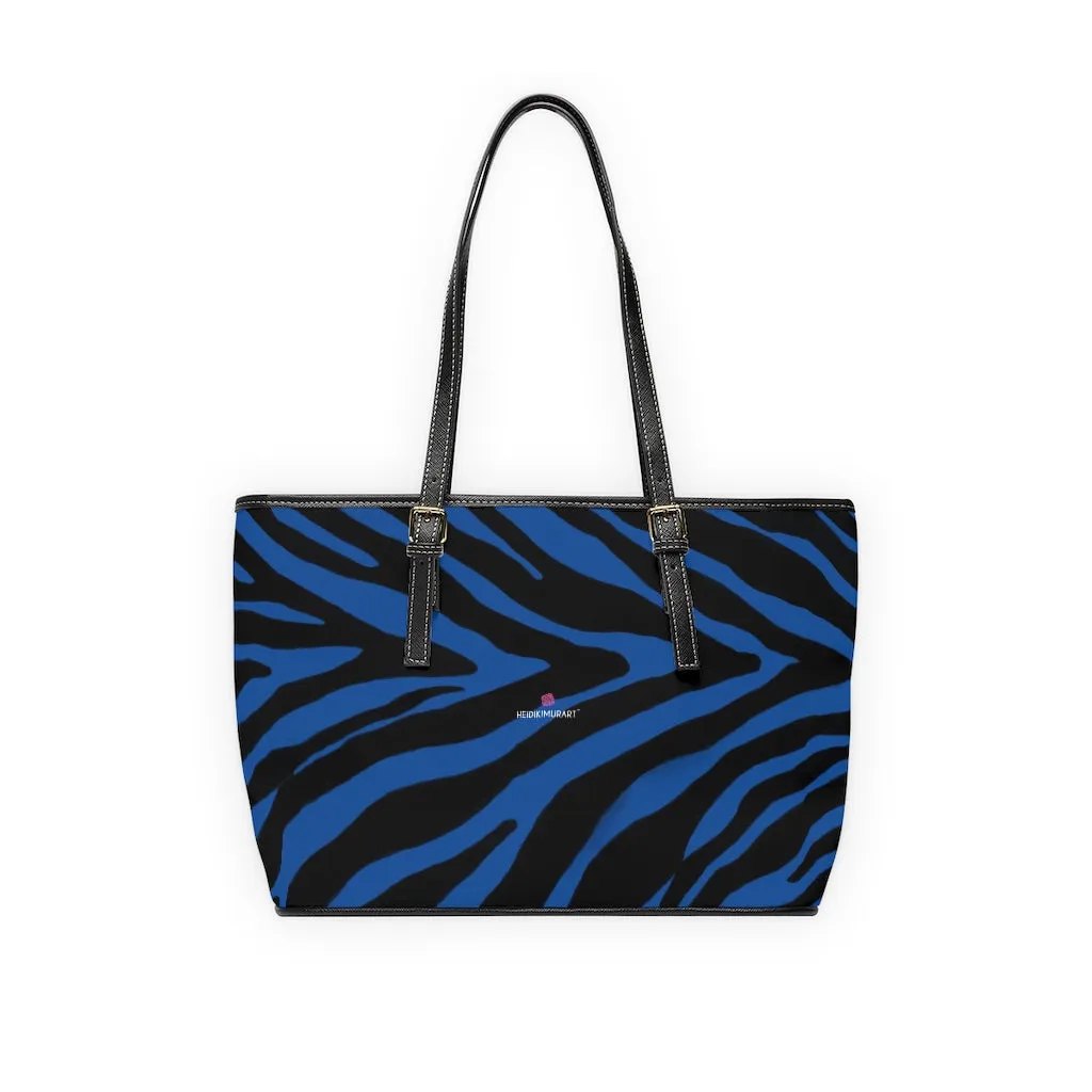 Navy Blue Zebra Tote Bag, Animal Print PU Leather Shoulder Hand Work Bag 17"x11"/ 16"x10" For Ladies