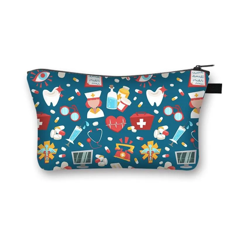Nurse Electrocardiogram Printing Lady Cosmetic Bag Pills Nurse Girl Storage Bag Fashion Cosmetic Case