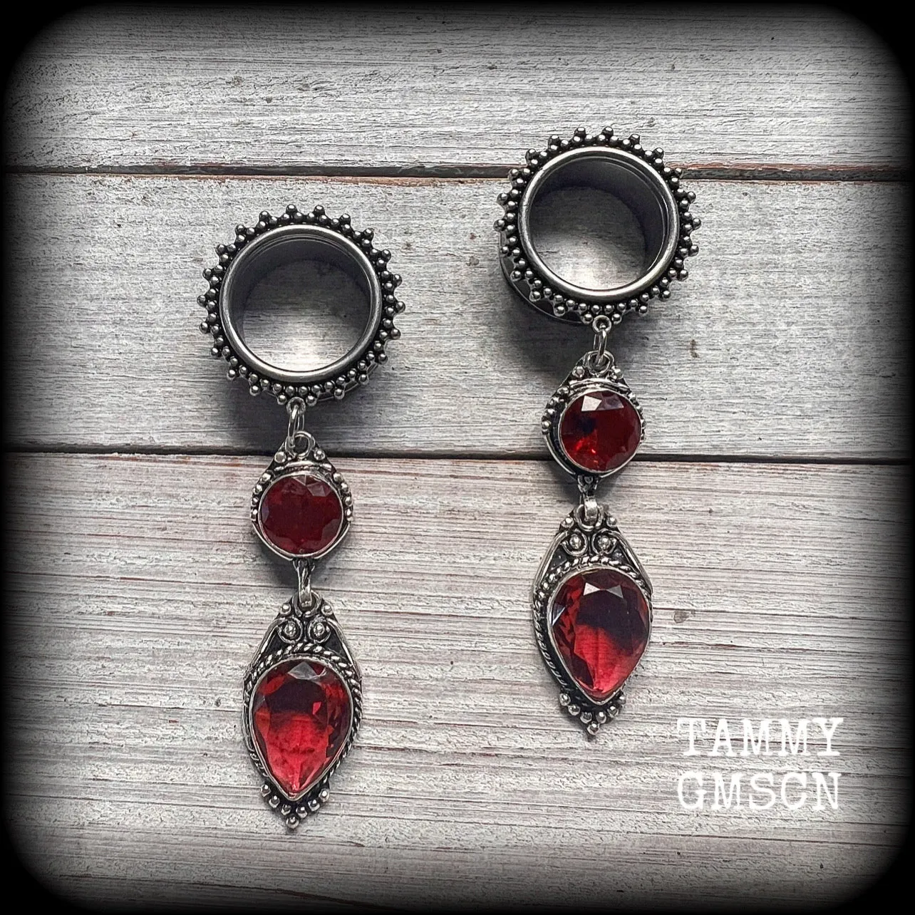 Ornate Garnet gemstone tunnel dangles-Garnet ear hangers