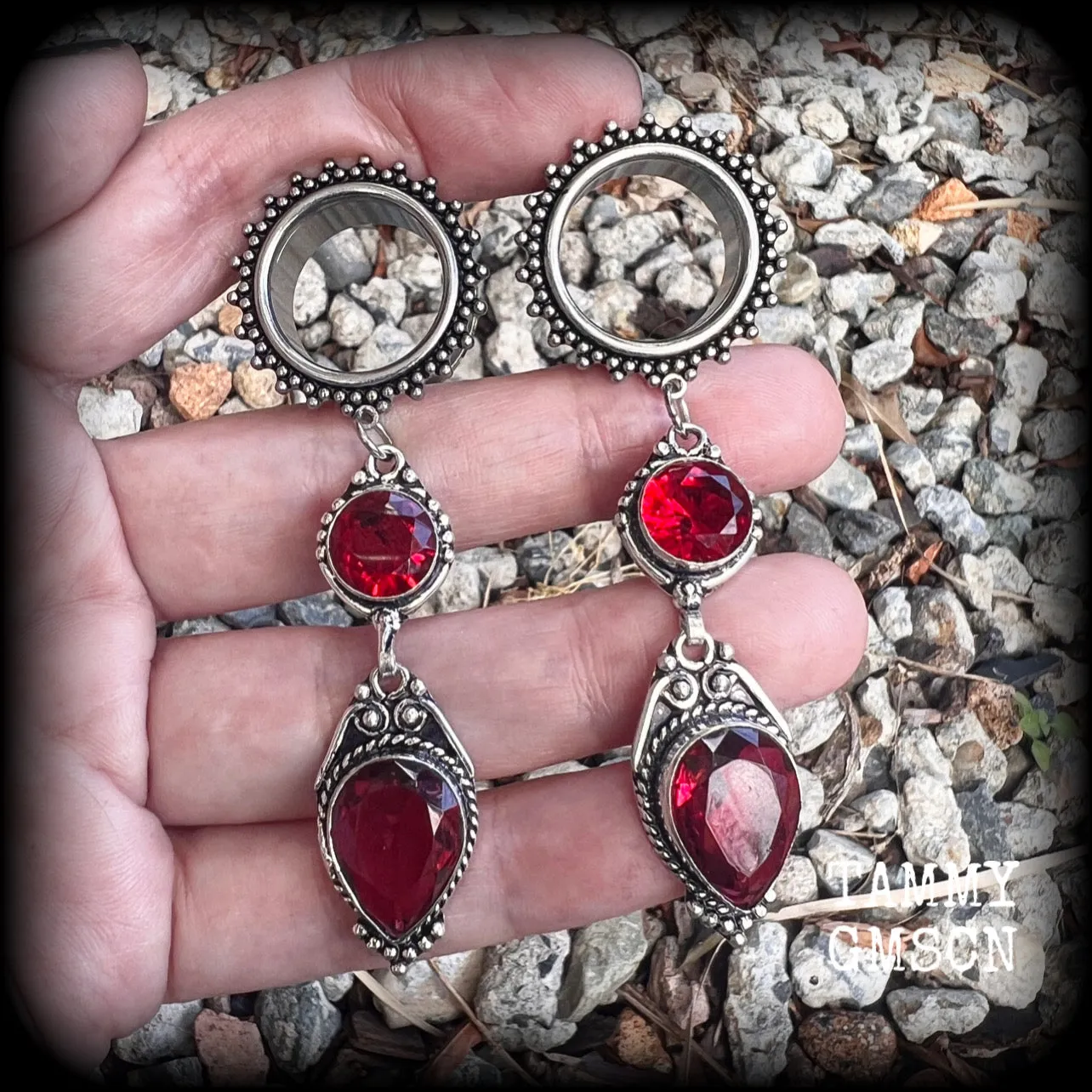 Ornate Garnet gemstone tunnel dangles-Garnet ear hangers