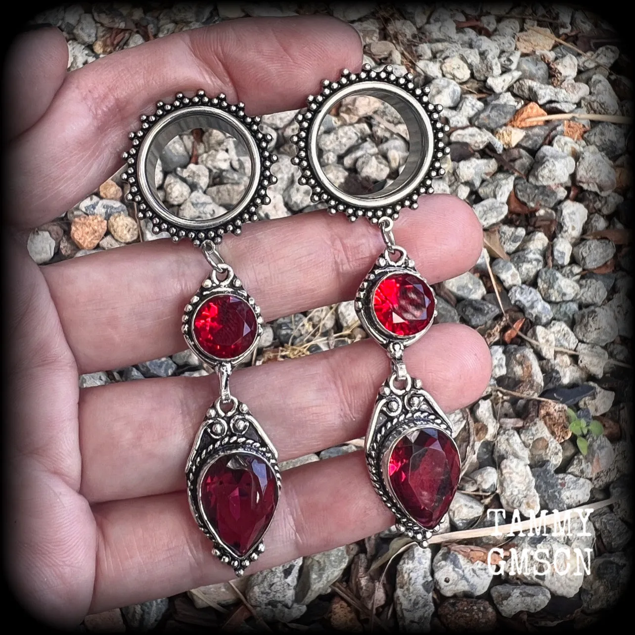Ornate Garnet gemstone tunnel dangles-Garnet ear hangers