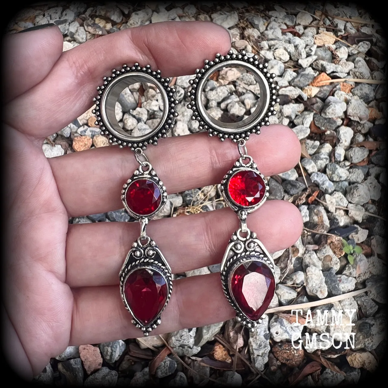 Ornate Garnet gemstone tunnel dangles-Garnet ear hangers
