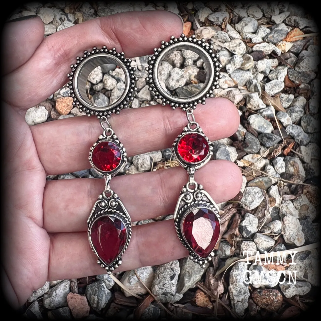 Ornate Garnet gemstone tunnel dangles-Garnet ear hangers