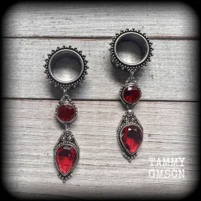 Ornate Garnet gemstone tunnel dangles-Garnet ear hangers