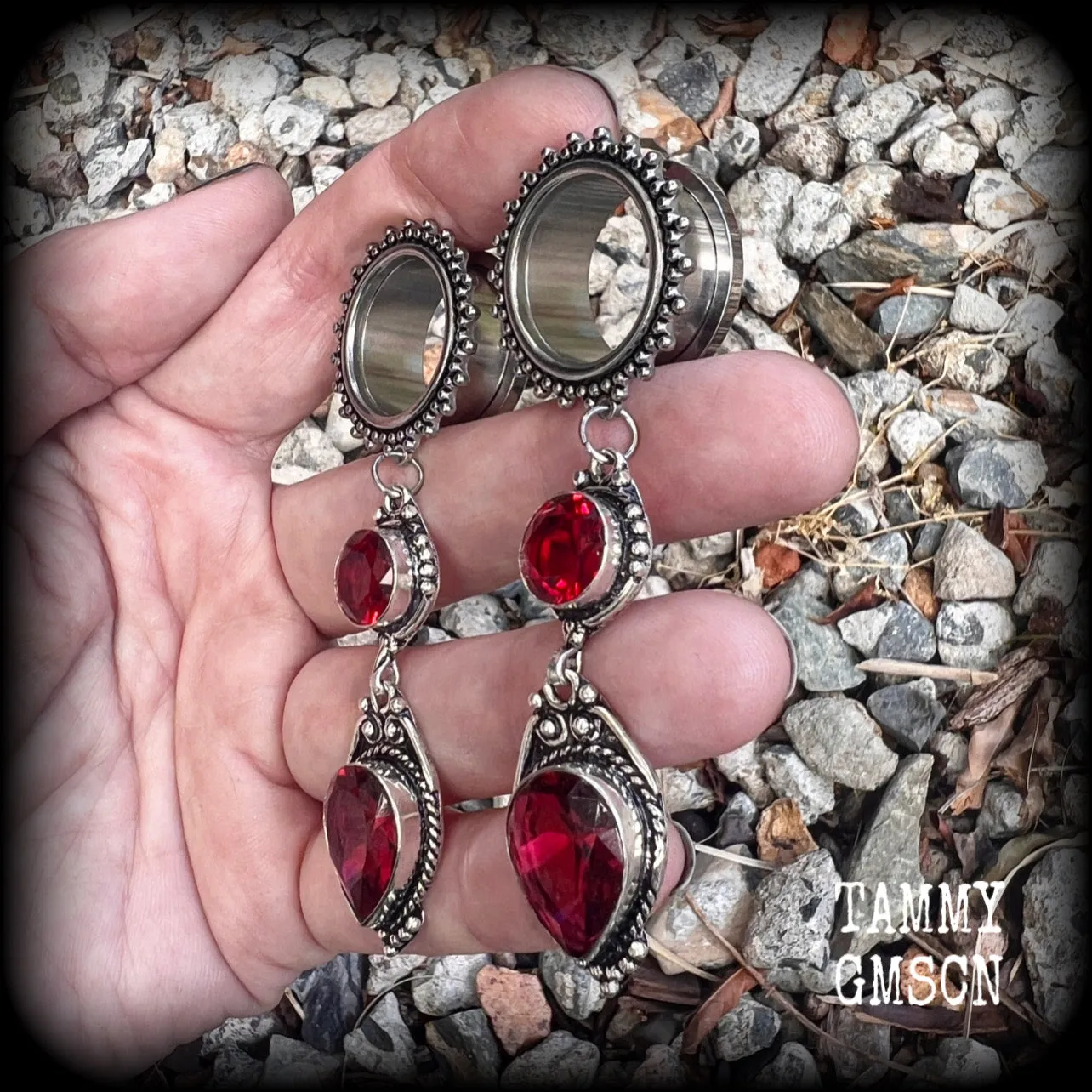 Ornate Garnet gemstone tunnel dangles-Garnet ear hangers