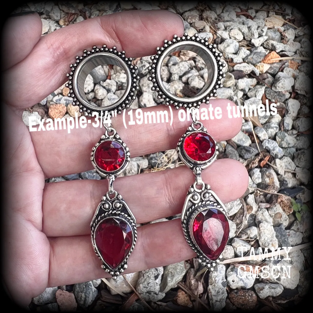Ornate Garnet gemstone tunnel dangles-Garnet ear hangers