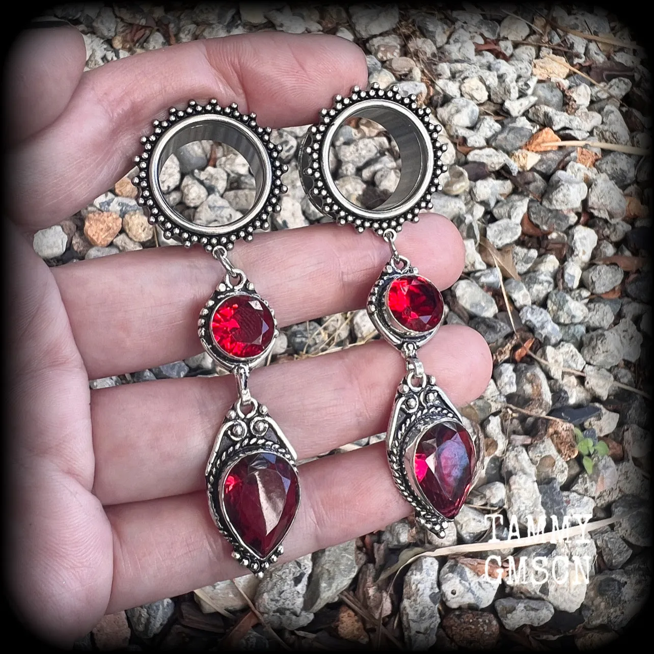 Ornate Garnet gemstone tunnel dangles-Garnet ear hangers