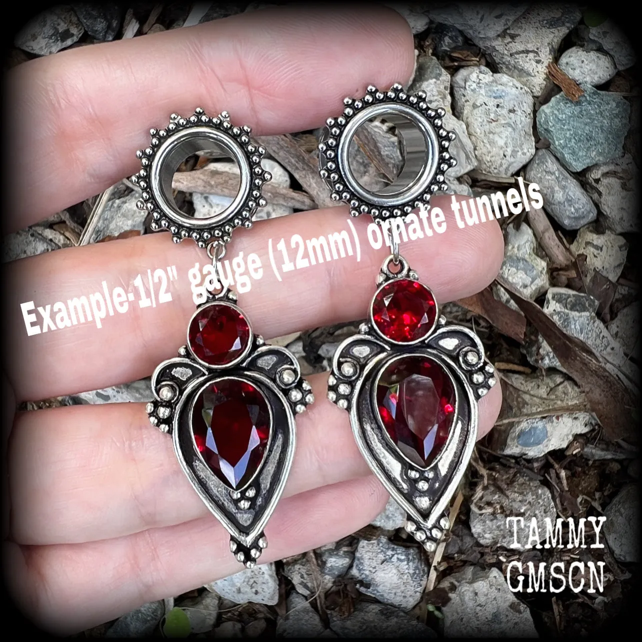 Ornate Garnet gemstone tunnel earrings-Gemstone ear gauges
