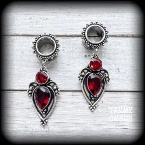 Ornate Garnet gemstone tunnel earrings-Gemstone ear gauges