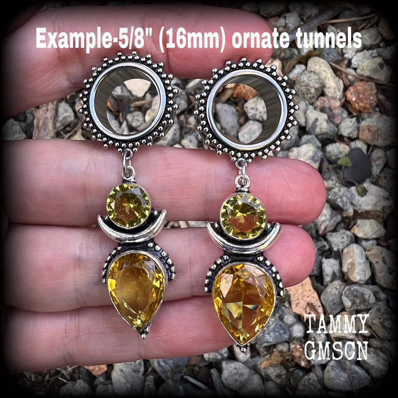 Ornate gemstone tunnel earrings-Citrine tunnel dangles