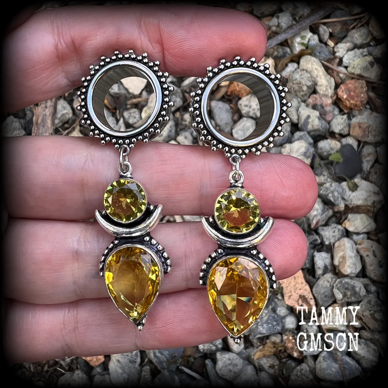 Ornate gemstone tunnel earrings-Citrine tunnel dangles