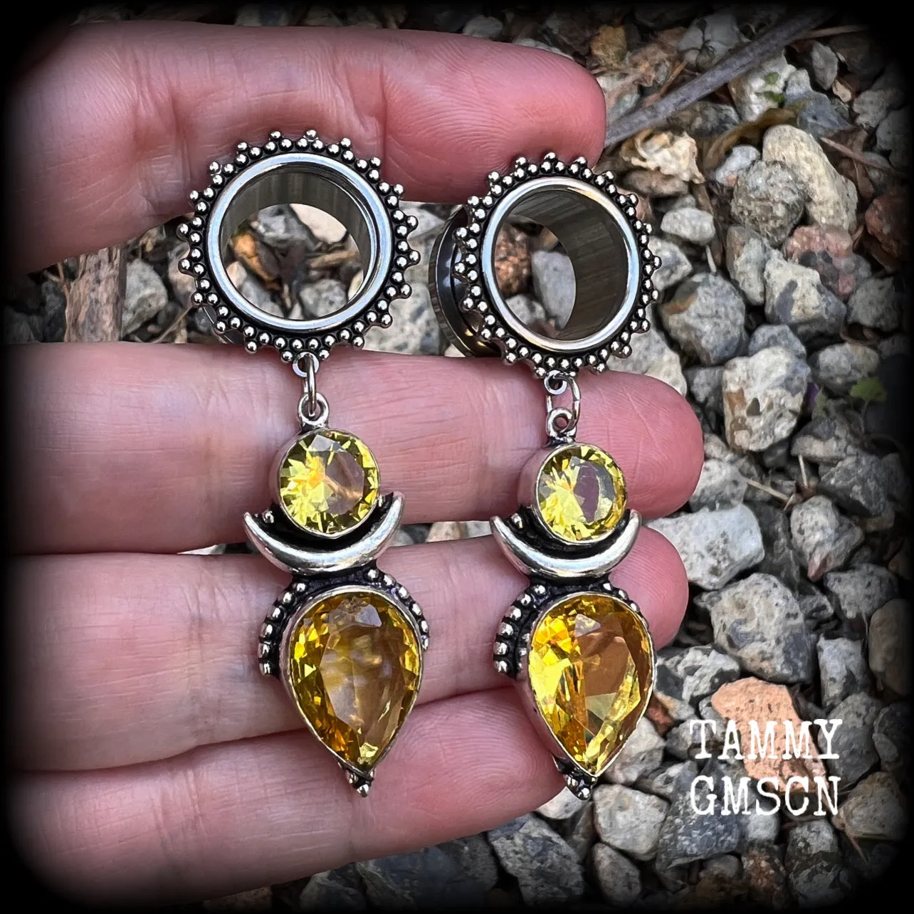 Ornate gemstone tunnel earrings-Citrine tunnel dangles