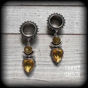 Ornate gemstone tunnel earrings-Citrine tunnel dangles